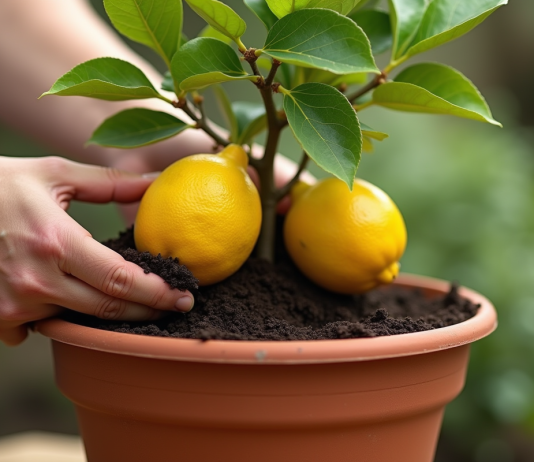 Suivez les étapes pour un rempotage efficace de votre citronnier Jeune arbre citronnier transplanté en pot en extérieur