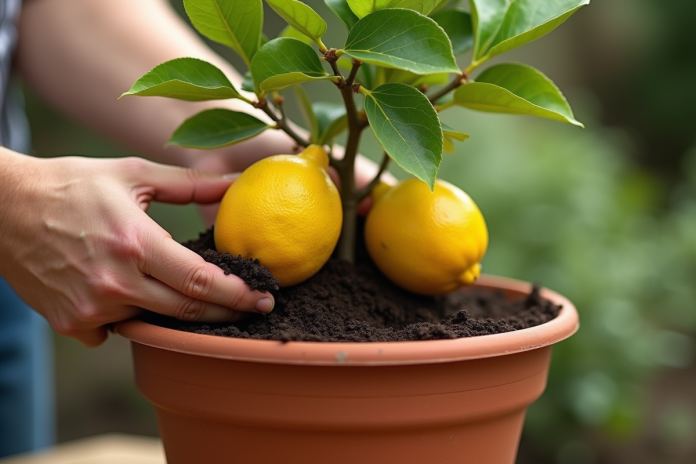 Jeune arbre citronnier transplanté en pot en extérieur