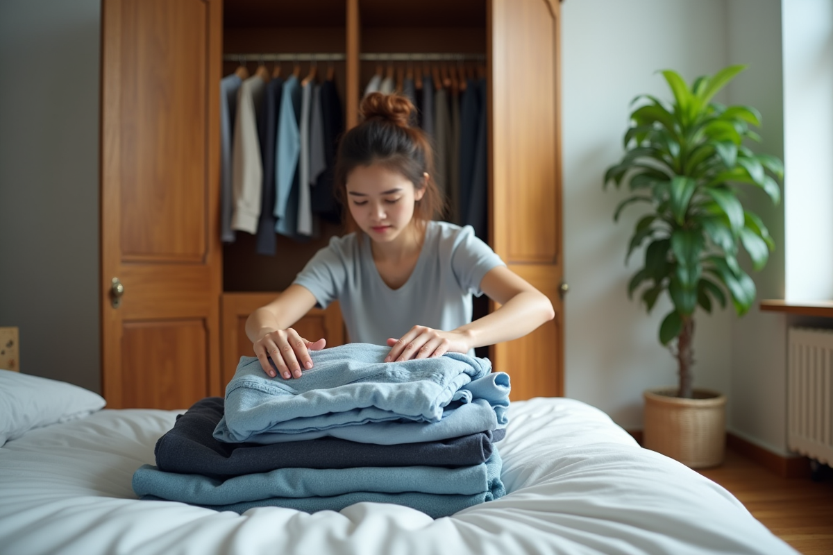 Personne pliant des vêtements près d