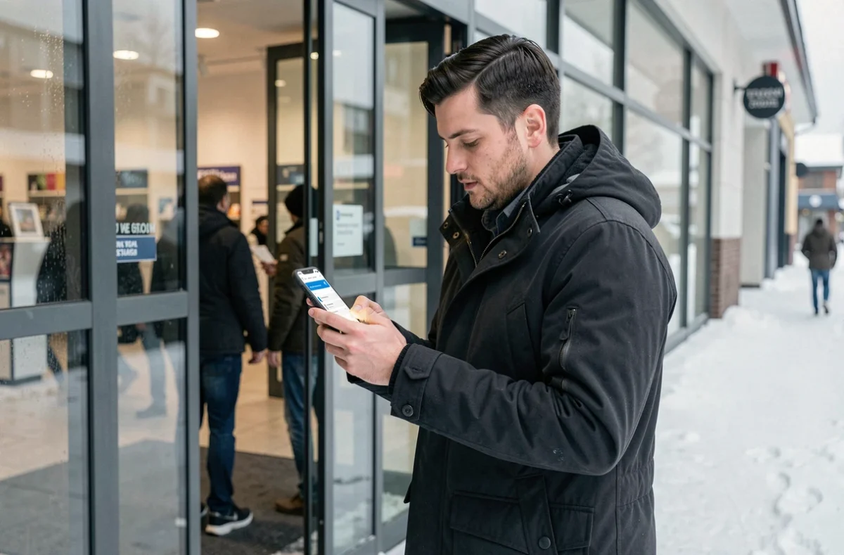 Homme consultant son smartphone pour trouver un magasin ouvert le dimanche avant Noël