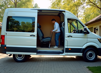 Comment entretenir son fourgon 9 places d’occasion pour une longévité optimale Van neuf seats garé sur une allée avec homme aspirant l'intérieur