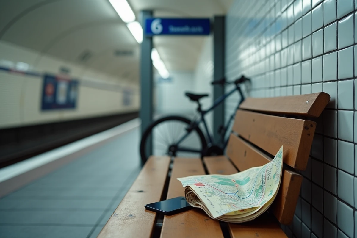 Vélo appuyé contre un mur de carrelage blanc d'une station du métro parisien avec carte et itinéraire cyclable