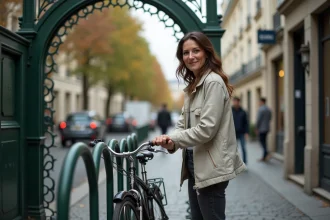 Femme attachant son vélo devant l'entrée d'une station de métro parisienne avec arche Art Nouveau verte