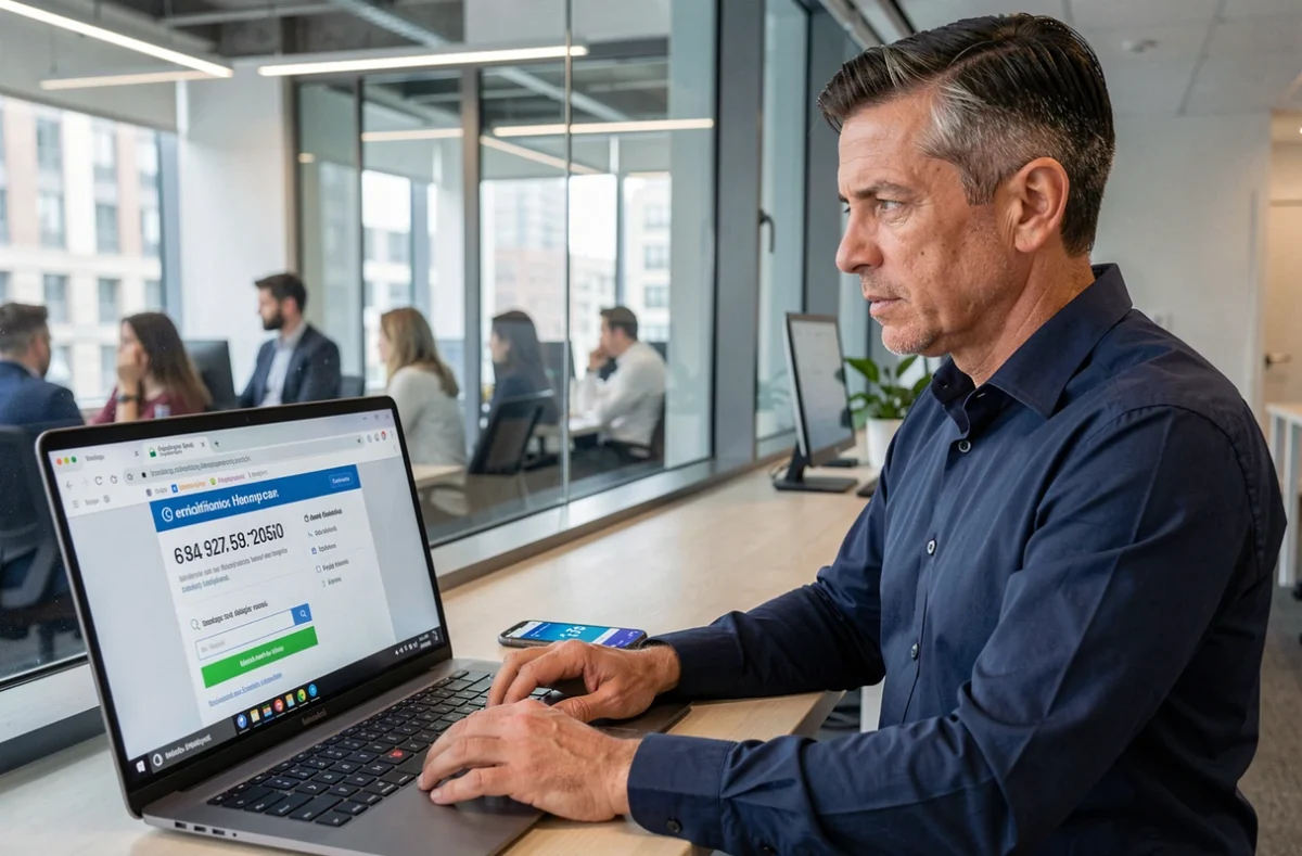 Homme en bureau vérifiant un numéro espagnol inconnu sur un site web avant de rappeler