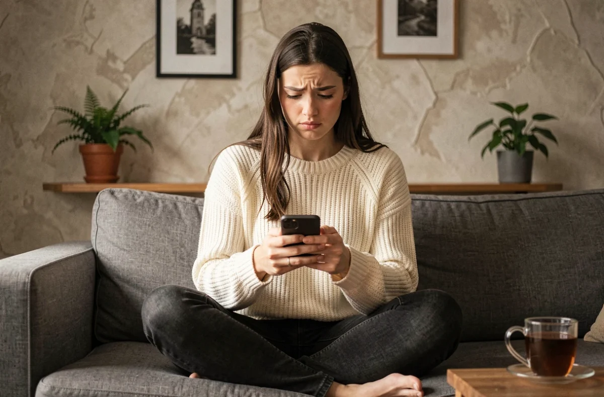 Jeune femme sur un canapé vérifiant l'orthographe sur son téléphone pour éviter l'erreur vous accueil