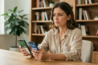 Femme hésitant à rappeler un numéro de téléphone espagnol avec l'indicatif +34 sur son smartphone