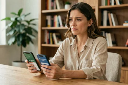 Femme hésitant à rappeler un numéro de téléphone espagnol avec l'indicatif +34 sur son smartphone