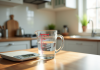 Verre mesure eau 250 ml sur plan de travail en bois