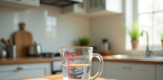 Verre mesure eau 250 ml sur plan de travail en bois