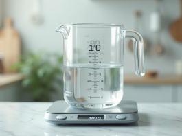 L’importance de la précision dans les mesures culinaires : le cas de 40 cl en g Verre mesure d'eau à 40 cl avec balance précise