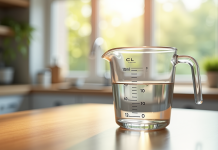 Verre mesureur d'eau sur plan de cuisine lumineux