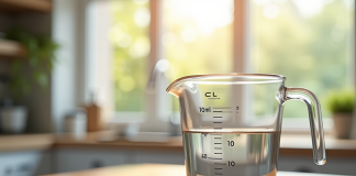 Verre mesureur d'eau sur plan de cuisine lumineux