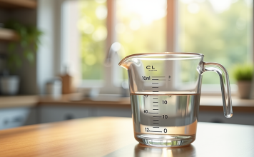 Le volume en cuisine : comprendre les conversions cl et ml Verre mesureur d'eau sur plan de cuisine lumineux