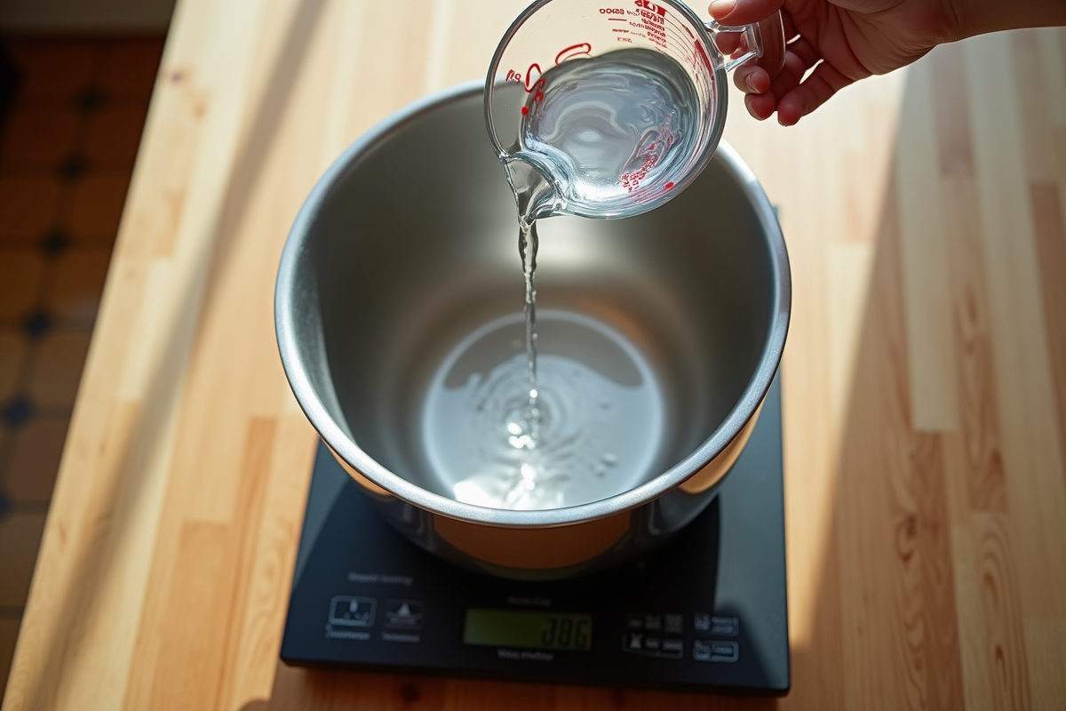 Versement d eau dans bol en acier inoxydable avec mesureur