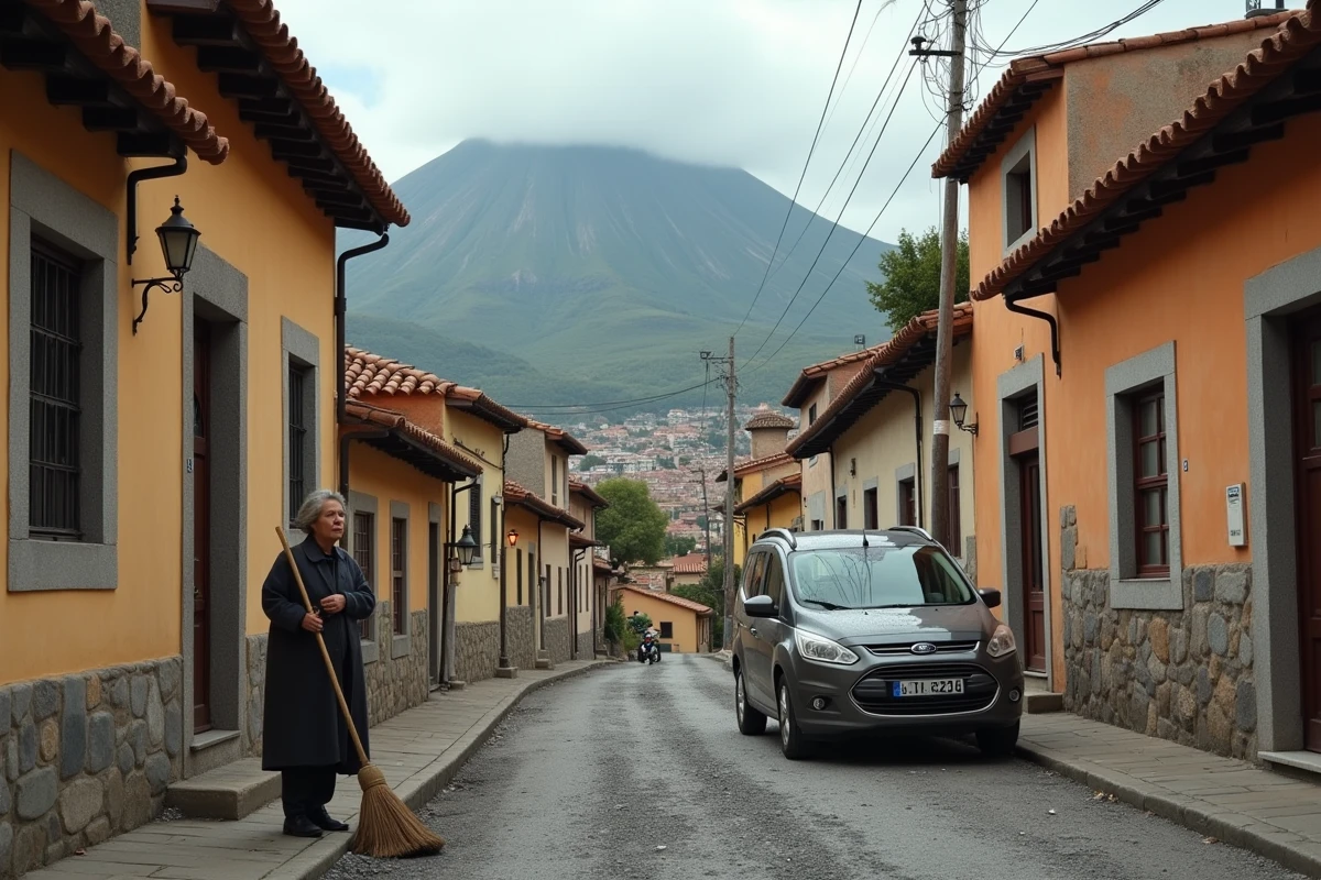 Village sicilien recouvert de cendres volcaniques de l'Etna avec habitante balayant sa porte d'entrée