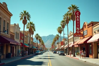 Vue panoramique d'une rue du centre-ville de Reno au Nevada avec enseignes au néon et architecture désertique typique