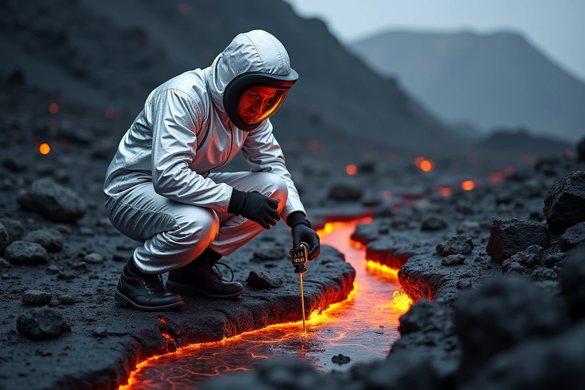 Volcanologue en combinaison de protection étudiant une coulée de lave sur les flancs de l'Etna en Sicile