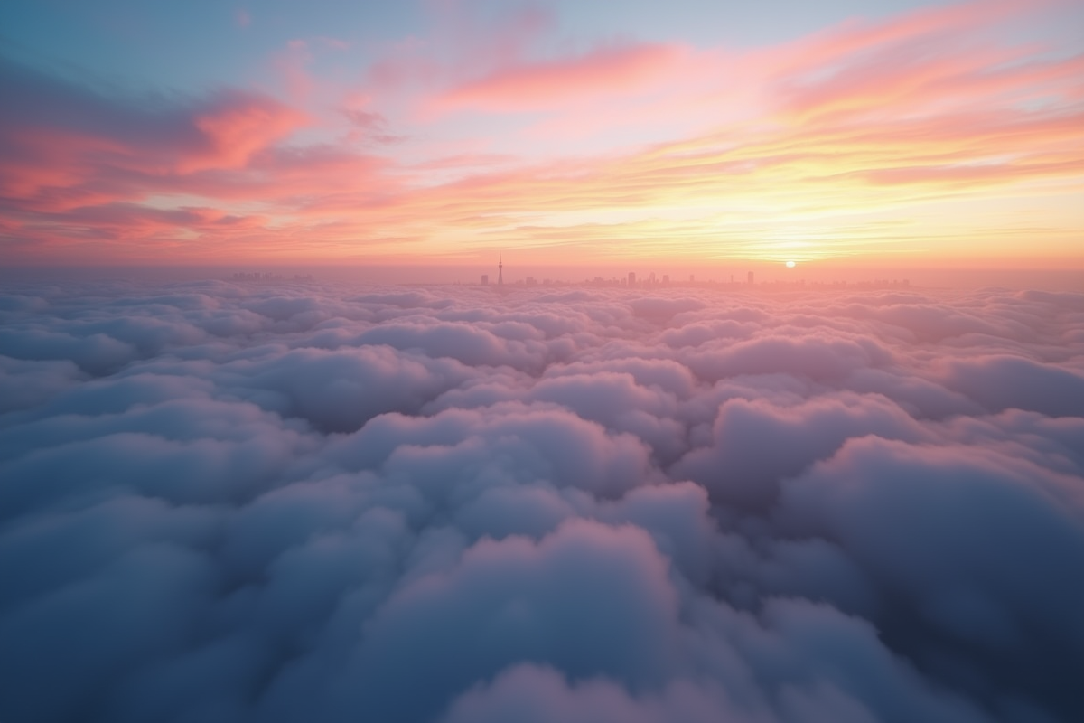 Vue aérienne au-dessus des nuages avec Tokyo et Paris à l
